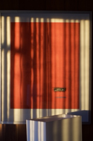 Sunlight and shadows across framed red artwork